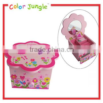 Princess Wavy flower shape cover wooden music box with drawer and mirror jewelry music box