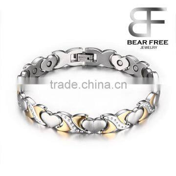 Stainless Steel Heart Shaped Inlaid Cubic Zirconia Health Magnets Bracelet for Women Gold Silver Two Tones