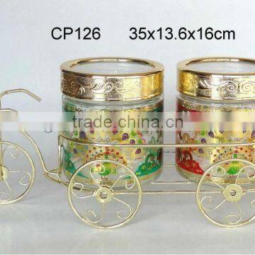 CP126 2pcs glass jar set with metal rack and decal printing