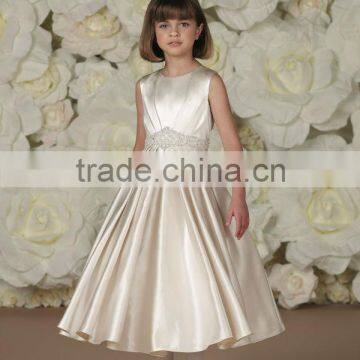 Sleevless Satin Hand-Beaded Waistland Off White Flower Girl Dresses(FLMO-3038)