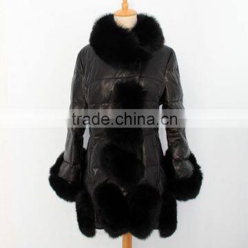 popular fashion ladies natural leather coat with fox fur trim