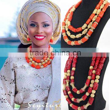 New Arrival African Nigerian Wedding Beads Coral Jewelry Sets,Statement African Beads Coral Necklace Bracelet Earrings Sets