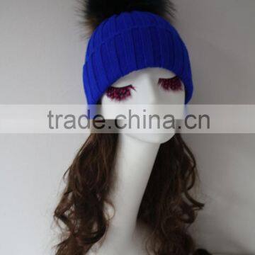 Plump Lively Raccoon Fur Pompom Knit Wool Cap Creative Huge Multicolor Fur Ball Knitted Rib Wool Hat