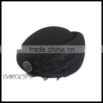 black hat with feather for the stewardess made in wool felt hat                        
                                                                                Supplier's Choice