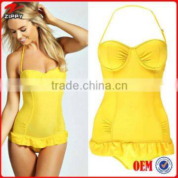 Wholesale ruffle trim padded women one piece swimsuit with sexy bra