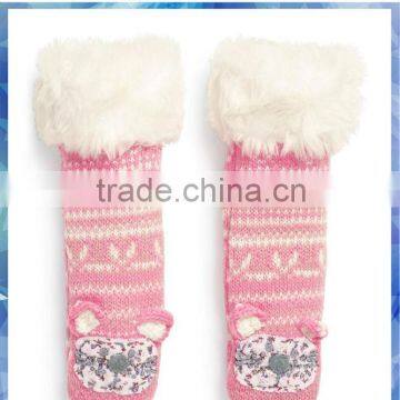 knitted cute bear indoor floor sock with 3D ears and applique