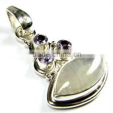 925 Sterling Silver Rainbow Moonstone & Amethyst Pendant