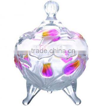 Colorful three-legged galss fruit cup with lid