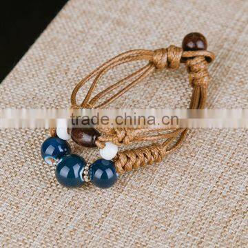 Handmade Vintage Porcelain Beads Bracelet Leather Woven Bracelets