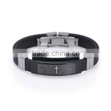 Fashion Stainless Steel Cross Design Black Silicone Bracelet Wholesale Bangle