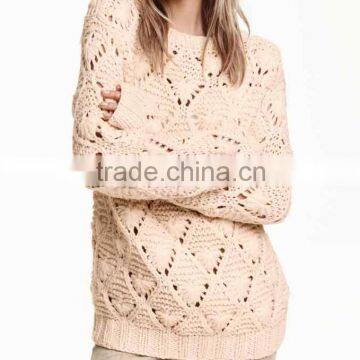 Buy Now Ladies' Round Neck Long Sleeve Diamond & Pointell Pullover Knitted Sweater