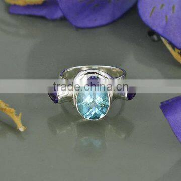 falak gems Blue Topaz & Amethyst Gemstone Ring - Bezel Setting Artisan Handmade Ring - Cocktail Gift Ring - Solid 925 Sterling