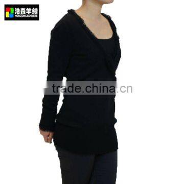 Fringe Trim Cashmere Women Knitted Sweater, Women Black Knitting Pattern Sweater photo-2