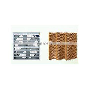 Exhaust fan and cooling pad. Evaporative cooling system.