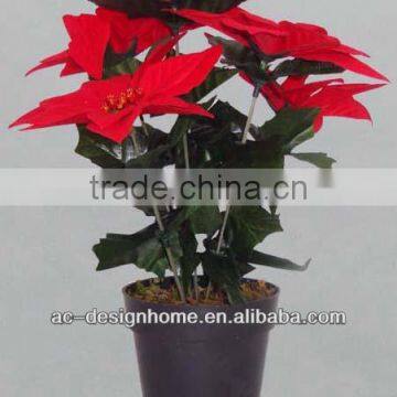 RED ARTIFICIAL VELVET POINSETTIA FLOWER BUSH X 5 W/5 PCS POINSETTIA FLOWER HEAD ON PLASTIC PLANTER