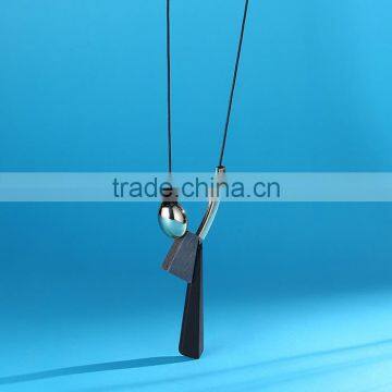 Geometric Wood Bead Pendant Necklace Gold Curved Tube Bead Black Chain Necklace Geomotric Rubber Pendant Long Sweater Necklace photo-5