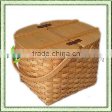 Guangxi Round Handmade Wood Chip Picnic Basket with Handles and Lid