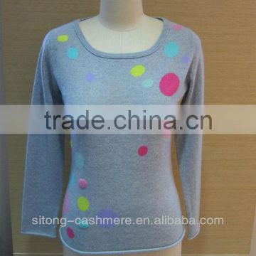 100% pure round neck intarsia mongolian Cashmere sweater