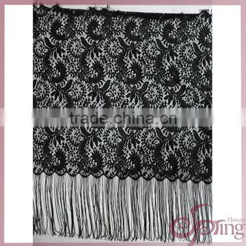 Elegant flower tricot fabric with tassel fringe, black french lace fabric for dress