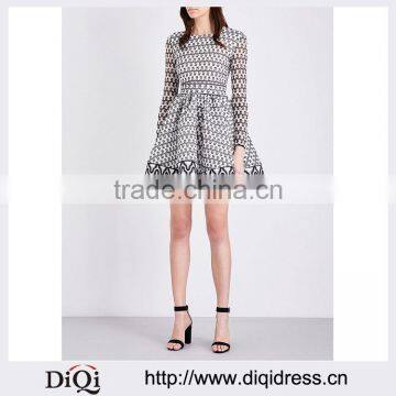 Customized Lady Apparel Round Neck Long Sleeves Lace Embellished Velvet Dress(DQM006D)