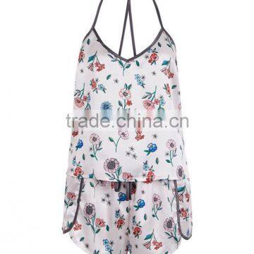 Custom Design Women Floral Print Satin Pyjama Set Sexy Pajamas Set Cross Back Slip Singlet With Shorts Match photo-4