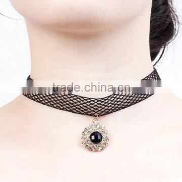 Gold Plated Black Mesh Round Pendant Clear Rhinestone Terylene Necklace photo-3