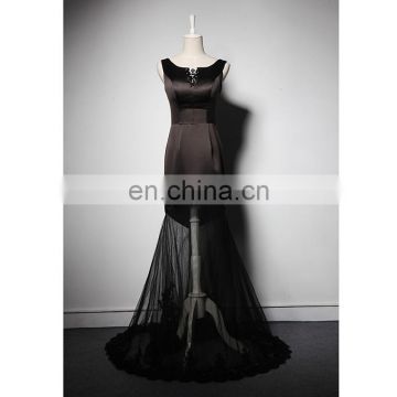 LSQ052 0-neck tank natural waist with bead appliques lace tulle black long mermaid dress