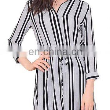 Autumn High Fashion Breathable Polyester 3/4 Sleeve Black and White Stripe Shirt Dress