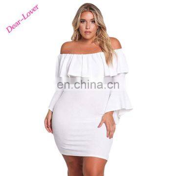 White Off Shoulder Slash Neck Mini Layered Ruffle Plus Size Bodycon Dresses