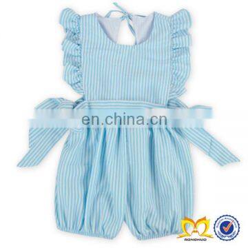 Stylish Infant Toddler Girl blue Stripe Seersucker Smocked Baby Bubble rompers