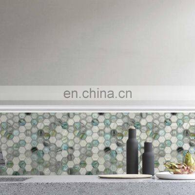 Foshan glittering hexagon shape chip pearl 6mm white green Bathroom Swimming Pool Glass Mosaic Tile H655015