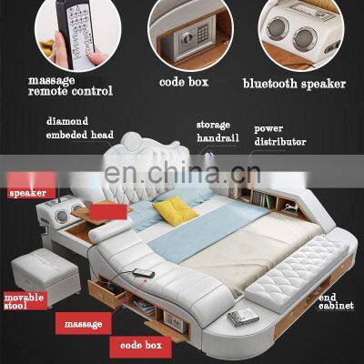 For Prefab House Modern Leather Fabric Furniture Beds Multifunction Storage With Massage Music Leather Beds