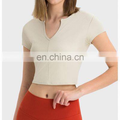 Summer Breathable Women Fitness Gym Yoga Wear Ribbed Short Sleeve V Neck Crop Top Ladies Workout Sports Training T Shirt Apparel photo-4
