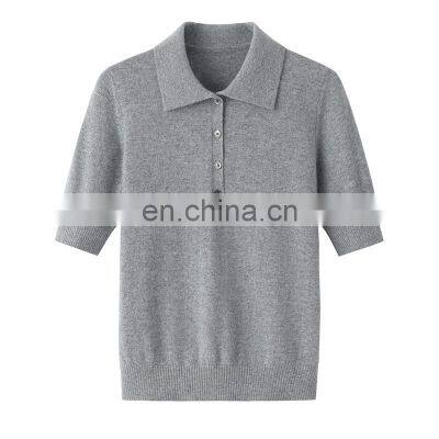 Fashionable Women's Cashmere Knitted Polo Shirt Short Sleeves Formal Style Solid Pattern Button OEM Service Available Spring