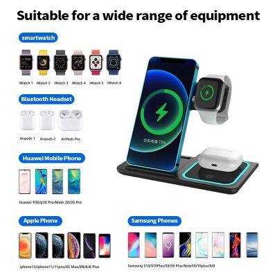 Universal Desk Multi Function Portable Foldable Phone Fast Charging Station 15W 3 In 1 Wireless Charger Pad For Iphone