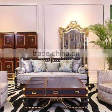 Neoclassic Living Furniture Set Wood Frame Fabric Sofa Gold Length Mirror