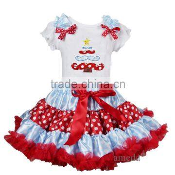 Red Blue Polka Dots Pettiskirt with Xmas Mustache Tree White Short Sleeves Tee