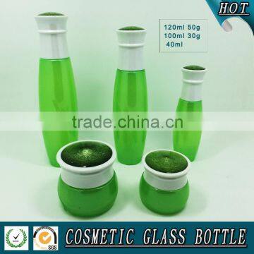 Luxury Cosmetics Packaging Green Colored Cosmetic Glass Bottle and Face Cream Jar