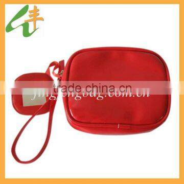 Red fashion small pu cosmetic bag with mirror