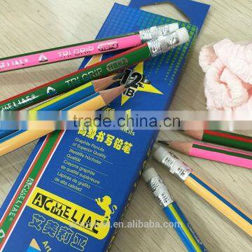 Standard size triangular shape color corner graphite HB pencil sharpened with eraser