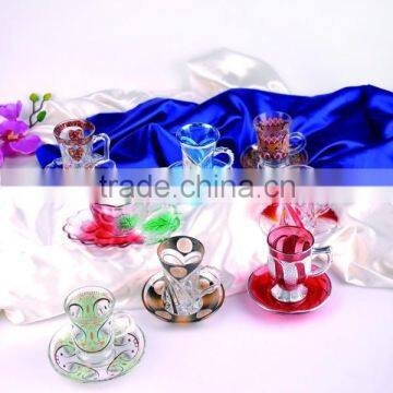 Color painted glass coffee tea cups and saucers