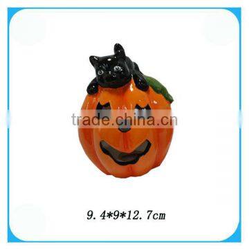 Ceramic Halloween Pumpkin With Green Leaf Funny Face