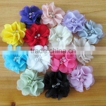 fabric chiffon flower with pearl beads rhinestone in center for kids hair accessories