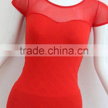 Ladies red short sleeve T-shirt with mesh in shoulder part