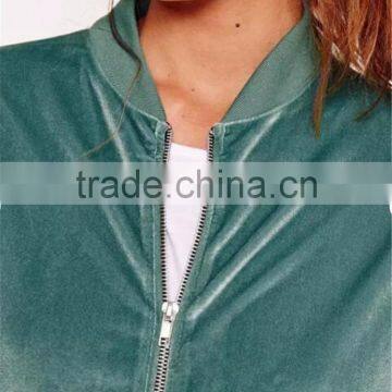 Women Velvet Bomber Jacket Green Ribbed Trim Zip Up Coat With Side Pockets With Custom Tag And Label photo-4