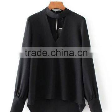 Runwaylover EY2376B Ladies 2017 Deep V-Neck Sexy Pure Color Blouse photo-5