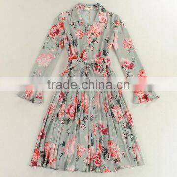 Ladies Full Printing Bouffant Lotus Long Sleeve Temperament Dress With Belt photo-2