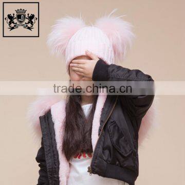 Fashion Design With Custom Label Cute Winter Two Poms Beanie Baby Girls Pink Fur Hat