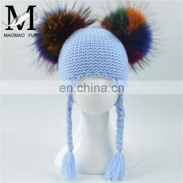 Brand Cute Baby Crochet Hats and Caps With Two Real Raccoon Fur Balls Top Color Matching Hat photo-5