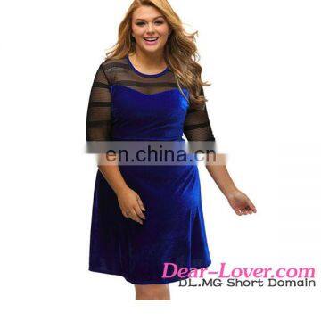 Sexy Plus Size Mesh Insert Blue Velvet Swing Dresses for women